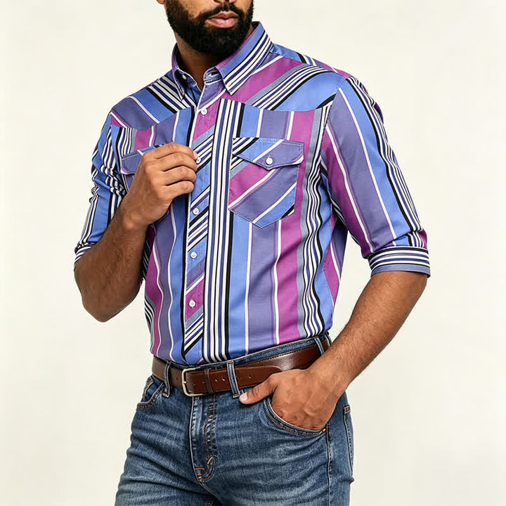 Chemise western à manches longues pour homme, bleue et violette, d'inspiration aztèque - image 2