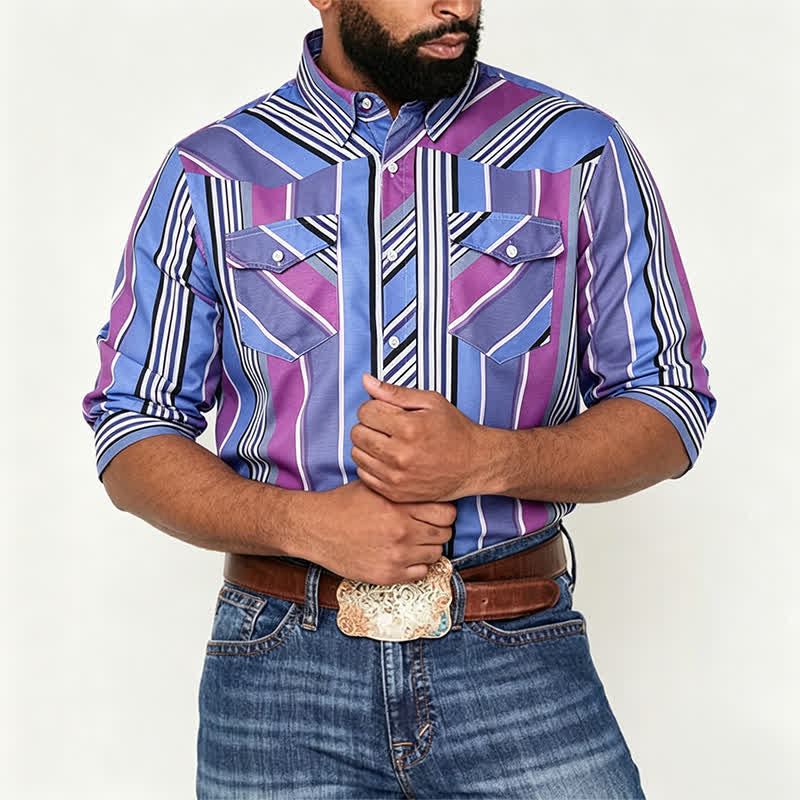 Chemise western à manches longues pour homme, bleue et violette, d'inspiration aztèque - image 1