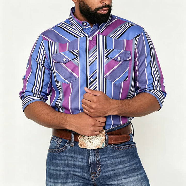Chemise western à manches longues pour homme, bleue et violette, d'inspiration aztèque - image 1