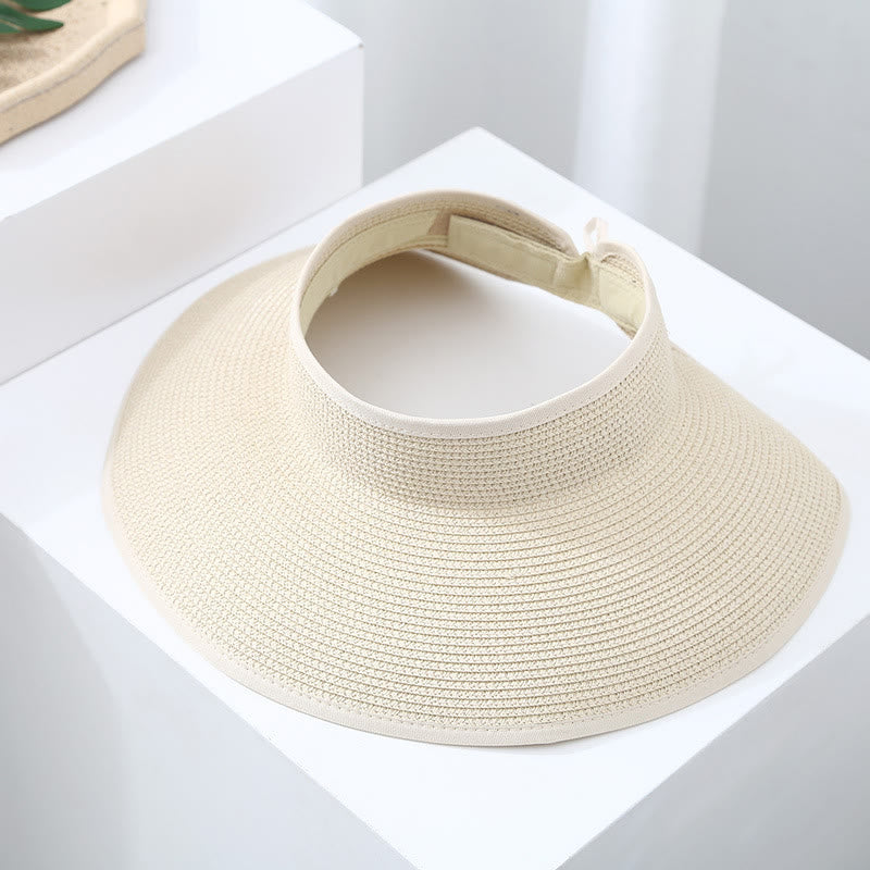 Chapeau de soleil de plage portable en paille à large bord pour femme - Beige - Réglable (environ 21 5/8" à 22 7/8") - image 1