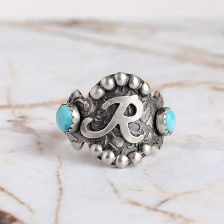 Bague vintage style western avec initiale géométrique et incrustation de turquoise - R - 10 - image 2