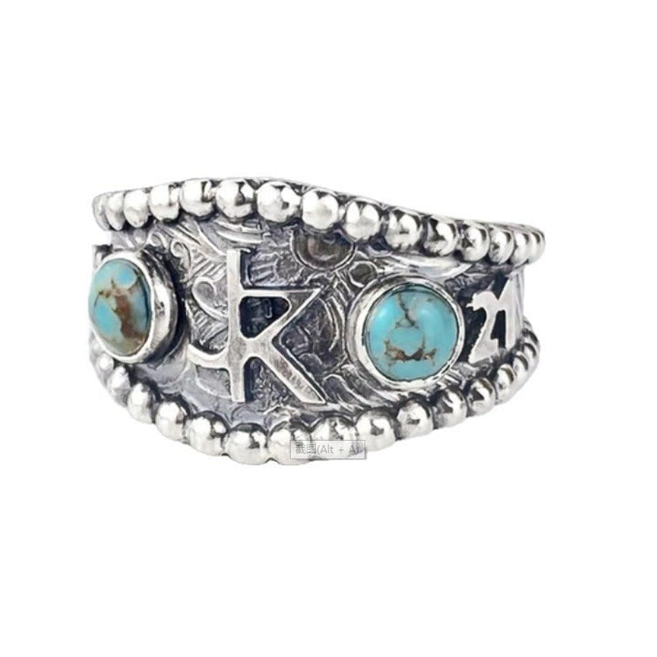 Bague vintage style western avec initiale géométrique et incrustation de turquoise - K - 10 - image 4