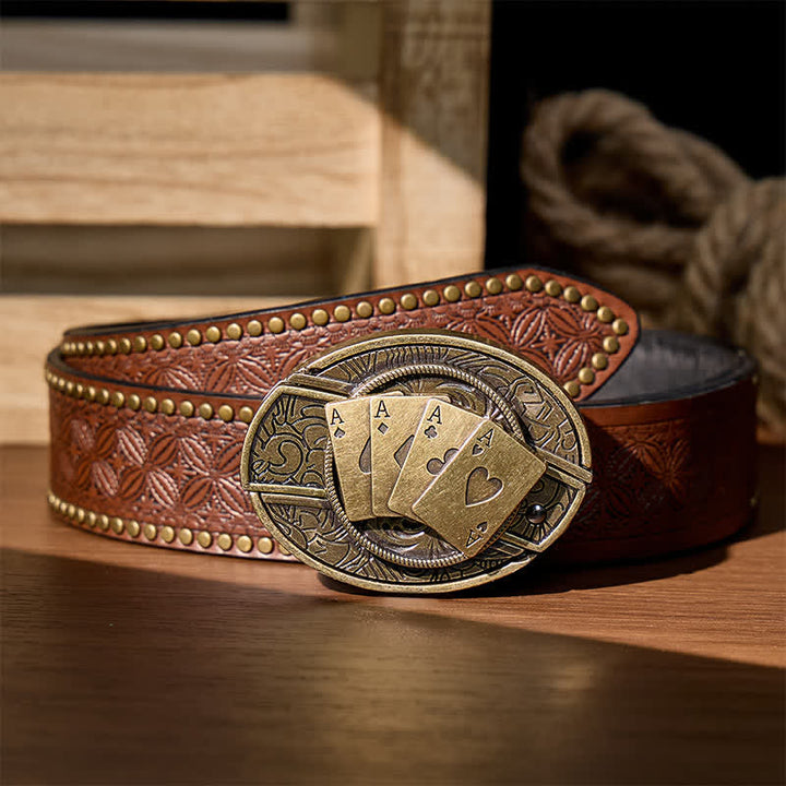 Ceinture en cuir avec boucle de couteau pliant caché Four Aces Poker à faire soi-même - Poker de bronze - Ceinture à rivets marron - 42 - image 6