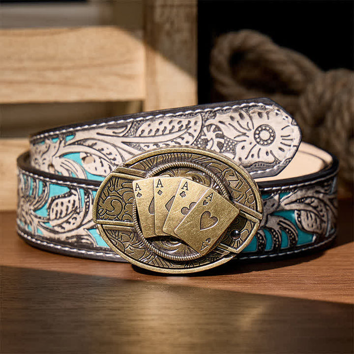 Ceinture en cuir avec boucle de couteau pliant caché Four Aces Poker à faire soi-même - Poker de bronze - Ceinture à fleurs grises - 42 - image 10