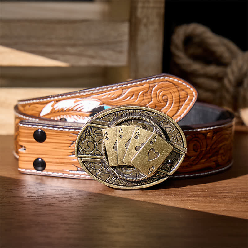 Ceinture en cuir avec boucle de couteau pliant caché Four Aces Poker à faire soi-même - Poker de bronze - Ceinture de plumes brunes - 40 - image 9