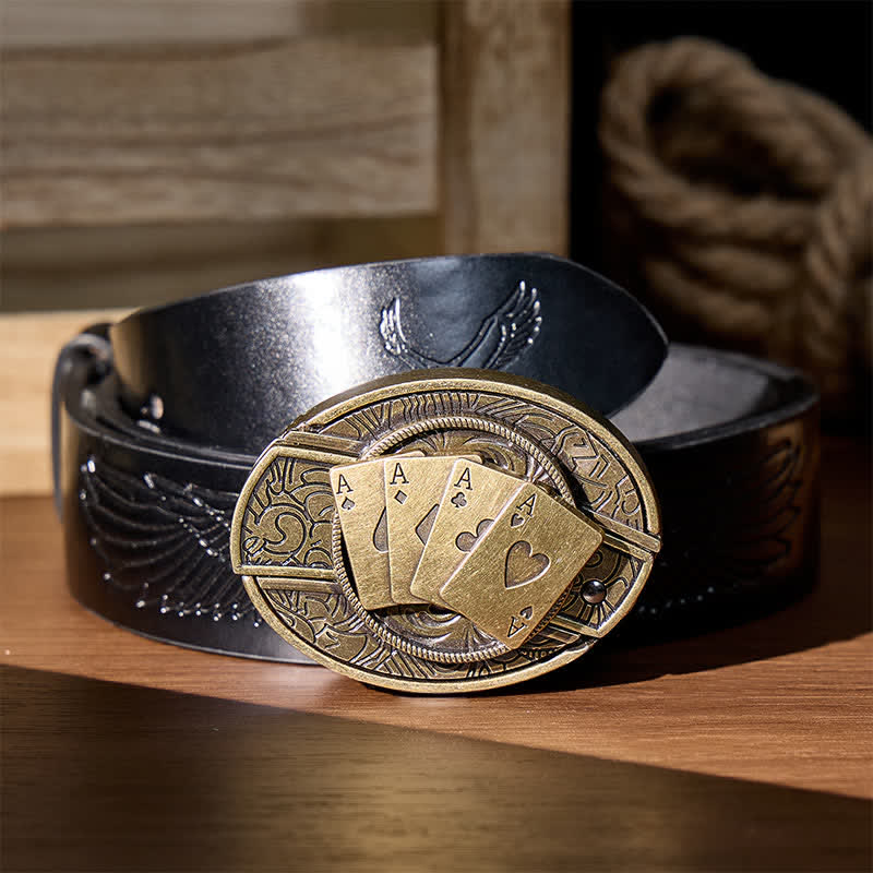 Ceinture en cuir avec boucle de couteau pliant caché Four Aces Poker à faire soi-même - Poker de bronze - Ceinture noire à motif aigle en relief - 42 - image 4