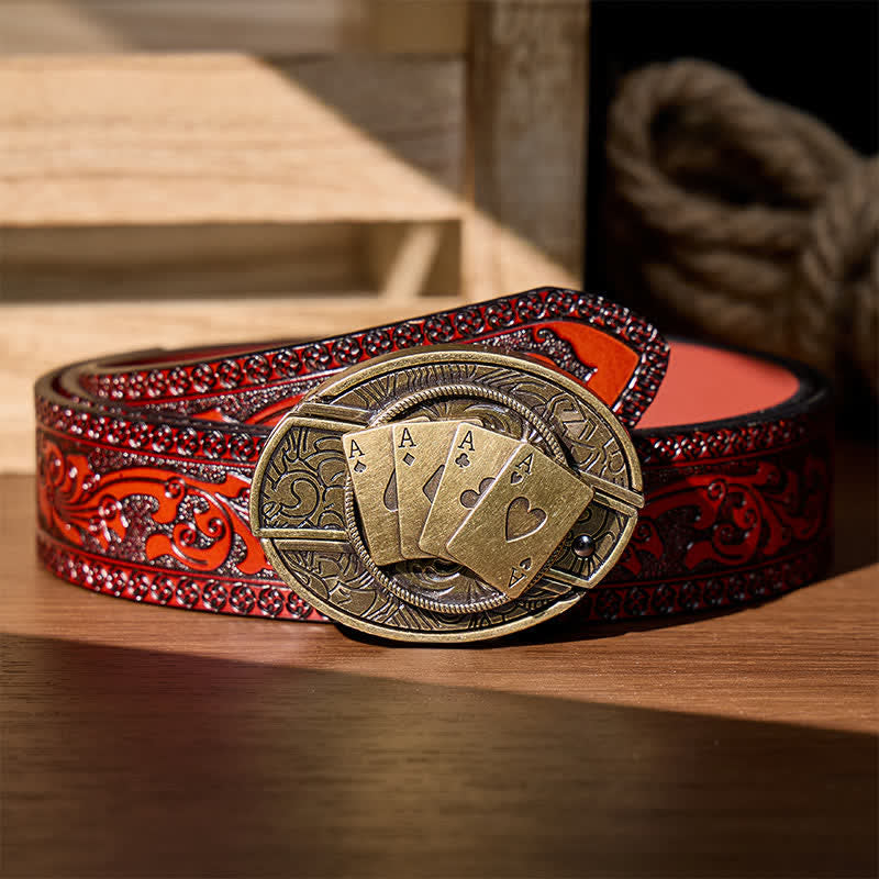 Ceinture en cuir avec boucle de couteau pliant caché Four Aces Poker à faire soi-même - Poker de bronze - Ceinture sculptée marron - 42 - image 8