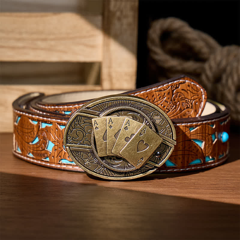 Ceinture en cuir avec boucle de couteau pliant caché Four Aces Poker à faire soi-même - Poker de bronze - Ceinture turquoise sculptée - 42 - image 5
