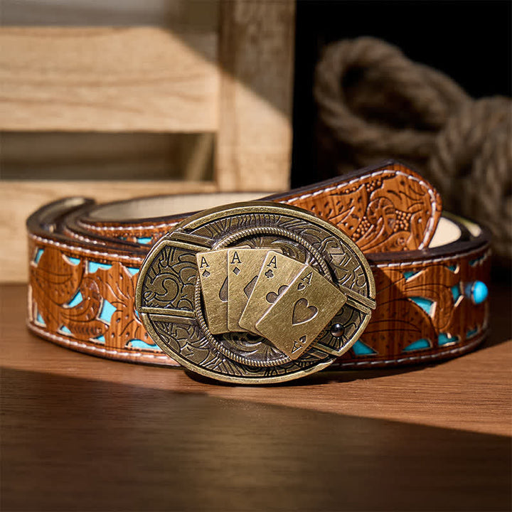 Ceinture en cuir avec boucle de couteau pliant caché Four Aces Poker à faire soi-même - Poker de bronze - Ceinture turquoise sculptée - 42 - image 5