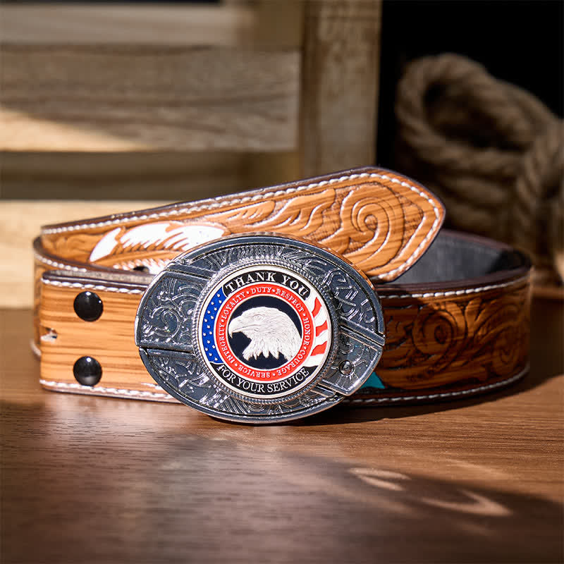 Ceinture en cuir avec boucle aigle et couteau pliant dissimulé à faire soi-même, symbole d'honneur et de courage - Aigle patriotique - Ceinture de plumes brunes - 40 - image 9