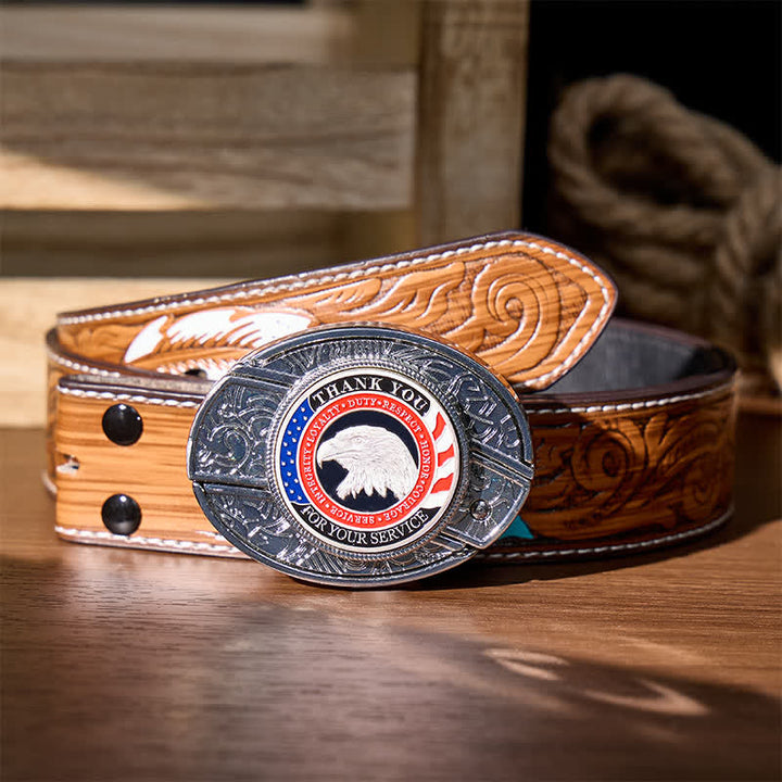 Ceinture en cuir avec boucle aigle et couteau pliant dissimulé à faire soi-même, symbole d'honneur et de courage - Aigle patriotique - Ceinture de plumes brunes - 40 - image 9