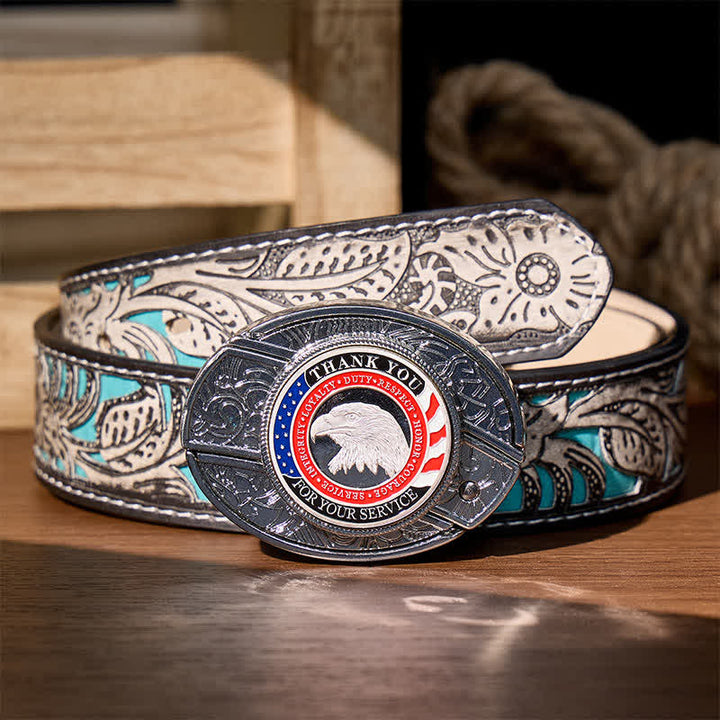 Ceinture en cuir avec boucle aigle et couteau pliant dissimulé à faire soi-même, symbole d'honneur et de courage - Aigle patriotique - Ceinture à fleurs grises - 42 - image 10