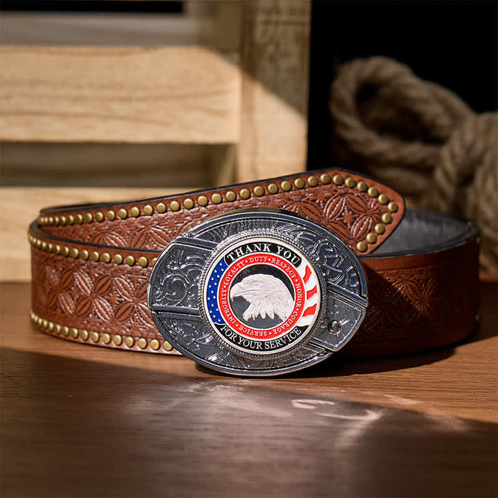 Ceinture en cuir avec boucle aigle et couteau pliant dissimulé à faire soi-même, symbole d'honneur et de courage - Aigle patriotique - Ceinture à rivets marron - 42 - image 6