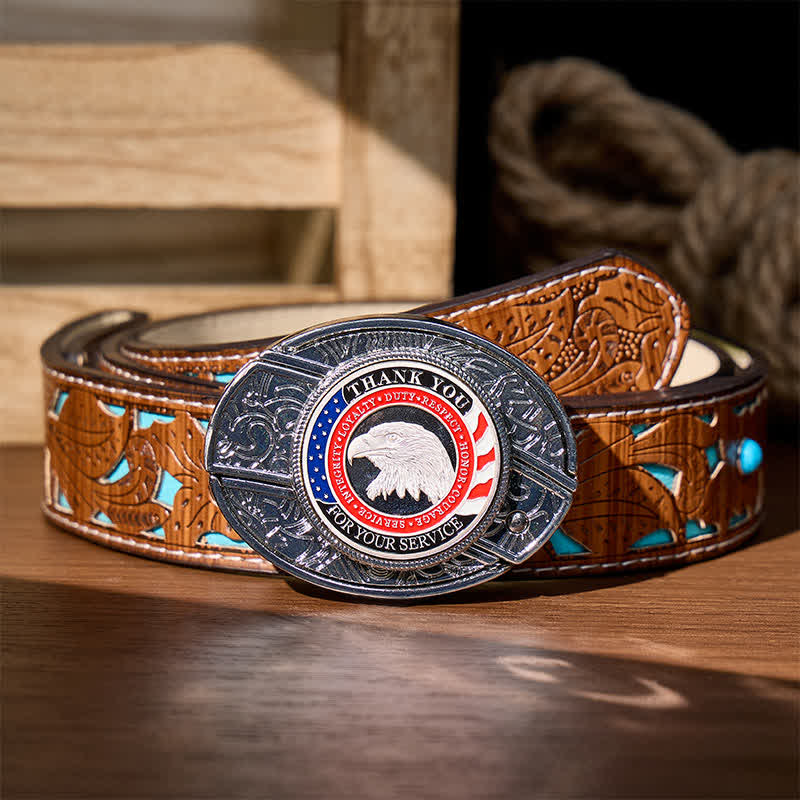 Ceinture en cuir avec boucle aigle et couteau pliant dissimulé à faire soi-même, symbole d'honneur et de courage - Aigle patriotique - Ceinture turquoise sculptée - 42 - image 5