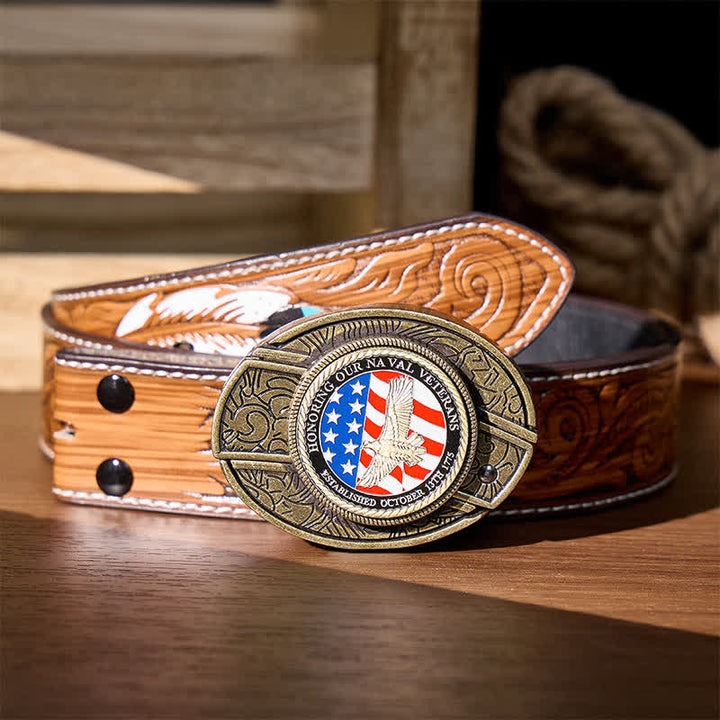 En hommage aux anciens combattants de la Marine : couteau pliant dissimulé à faire soi-même, ceinture en cuir à boucle aigle. - Aigle et drapeau patriotiques - Ceinture de plumes brunes - 40 - image 9