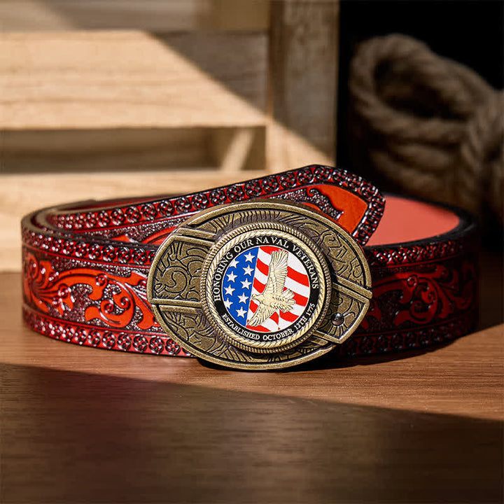 En hommage aux anciens combattants de la Marine : couteau pliant dissimulé à faire soi-même, ceinture en cuir à boucle aigle. - Aigle et drapeau patriotiques - Ceinture sculptée marron - 42 - image 8