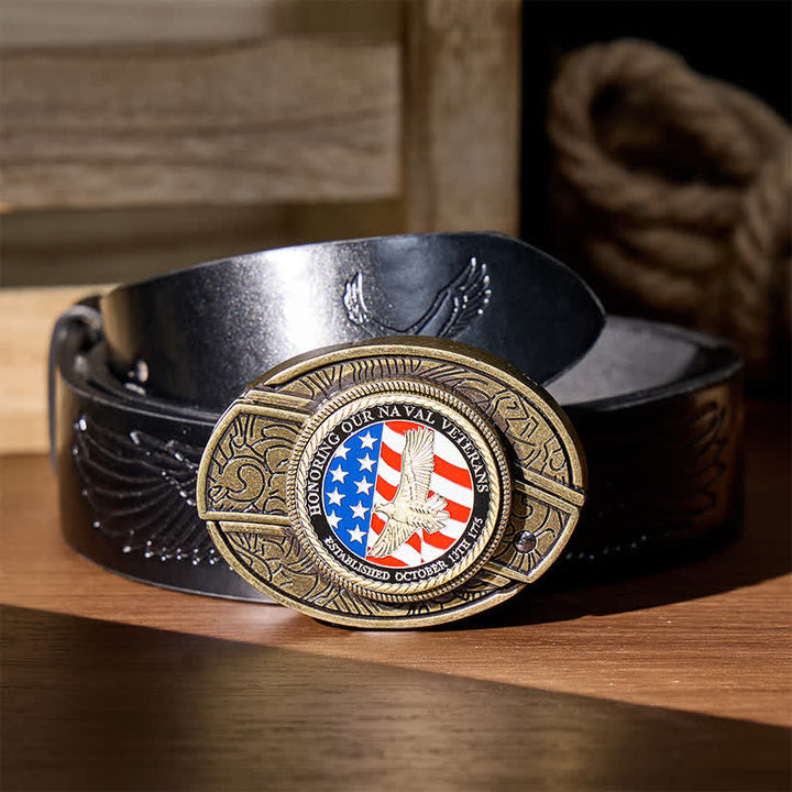 En hommage aux anciens combattants de la Marine : couteau pliant dissimulé à faire soi-même, ceinture en cuir à boucle aigle. - Aigle et drapeau patriotiques - Ceinture noire à motif aigle en relief - 42 - image 4