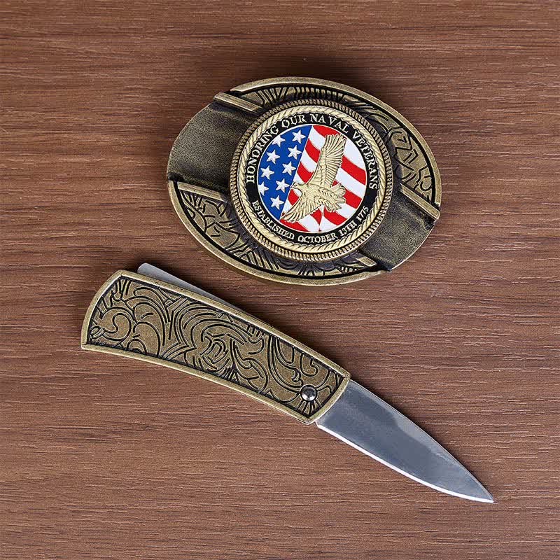 En hommage aux anciens combattants de la Marine : couteau pliant dissimulé à faire soi-même, ceinture en cuir à boucle aigle. - image 1