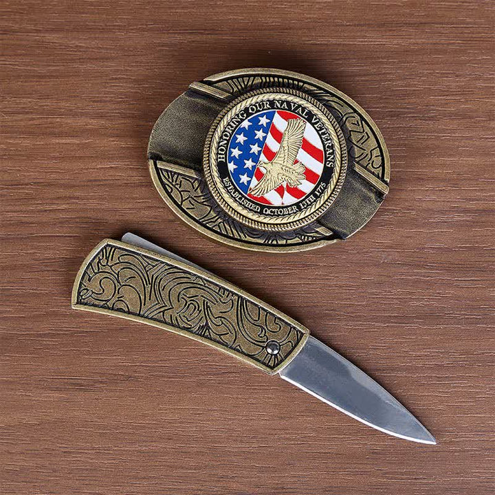 En hommage aux anciens combattants de la Marine : couteau pliant dissimulé à faire soi-même, ceinture en cuir à boucle aigle. - image 1
