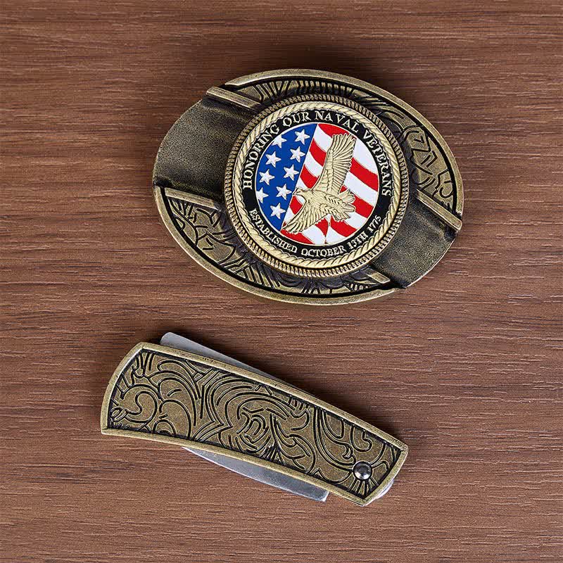 En hommage aux anciens combattants de la Marine : couteau pliant dissimulé à faire soi-même, ceinture en cuir à boucle aigle. - image 2