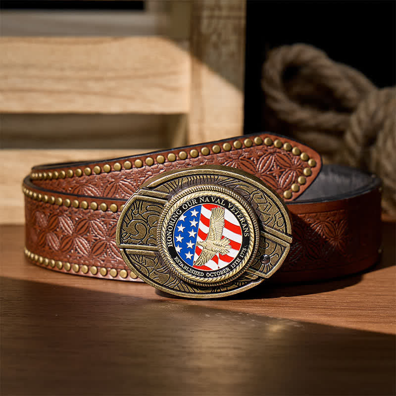 En hommage aux anciens combattants de la Marine : couteau pliant dissimulé à faire soi-même, ceinture en cuir à boucle aigle. - Aigle et drapeau patriotiques - Ceinture à rivets marron - 42 - image 6