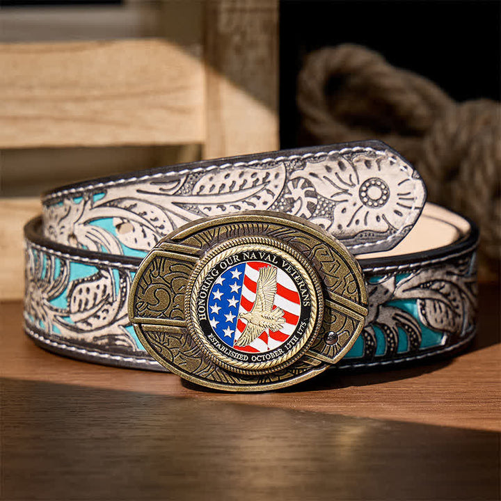 En hommage aux anciens combattants de la Marine : couteau pliant dissimulé à faire soi-même, ceinture en cuir à boucle aigle. - Aigle et drapeau patriotiques - Ceinture à fleurs grises - 42 - image 10