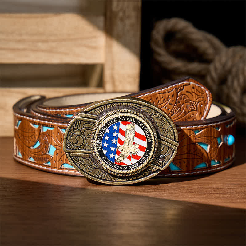En hommage aux anciens combattants de la Marine : couteau pliant dissimulé à faire soi-même, ceinture en cuir à boucle aigle. - Aigle et drapeau patriotiques - Ceinture turquoise sculptée - 42 - image 5