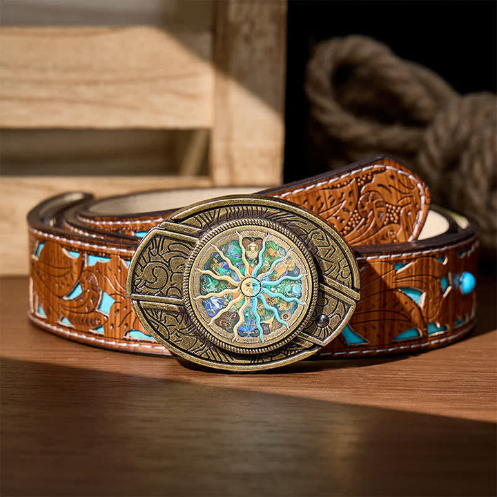 Ceinture en cuir avec boucle de couteau pliant dissimulée, style astrologique bronze, à monter soi-même, inspirée du zodiaque et des bronzes. - Bronze - Ceinture turquoise sculptée - 42 - image 3