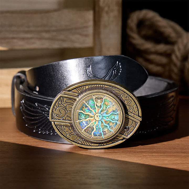 Ceinture en cuir avec boucle de couteau pliant dissimulée, style astrologique bronze, à monter soi-même, inspirée du zodiaque et des bronzes. - Bronze - Ceinture noire à motif aigle en relief - 42 - image 2