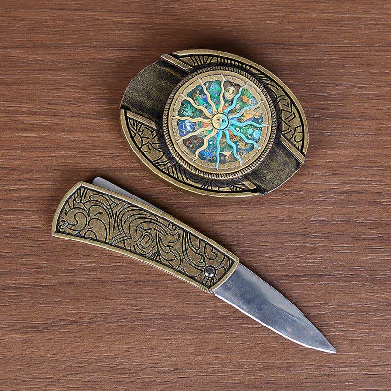 Ceinture en cuir avec boucle de couteau pliant dissimulée, style astrologique bronze, à monter soi-même, inspirée du zodiaque et des bronzes. - image 1