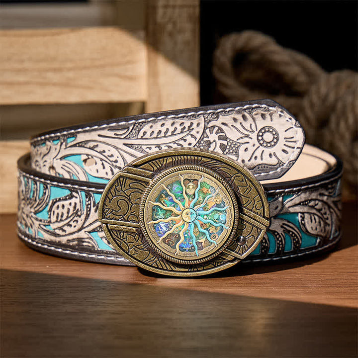 Ceinture en cuir avec boucle de couteau pliant dissimulée, style astrologique bronze, à monter soi-même, inspirée du zodiaque et des bronzes. - Bronze - Ceinture à fleurs grises - 42 - image 8