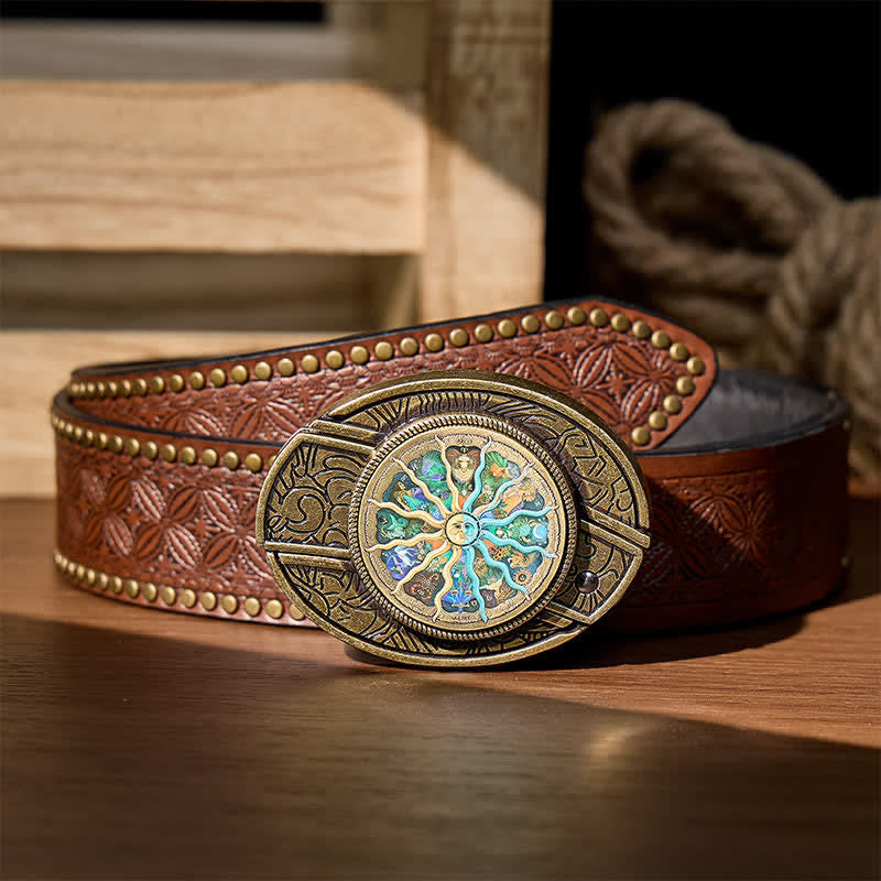 Ceinture en cuir avec boucle de couteau pliant dissimulée, style astrologique bronze, à monter soi-même, inspirée du zodiaque et des bronzes. - Bronze - Ceinture à rivets marron - 42 - image 4