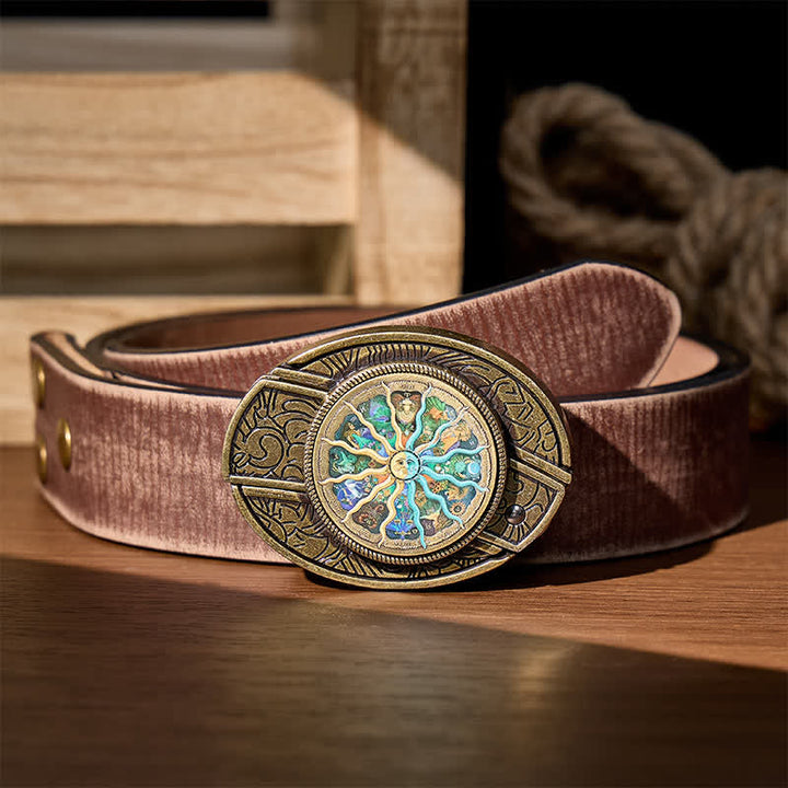 Ceinture en cuir avec boucle de couteau pliant dissimulée, style astrologique bronze, à monter soi-même, inspirée du zodiaque et des bronzes. - Bronze - Ceinture marron vieillie - 42 - image 5