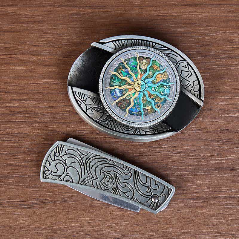 Ceinture en cuir avec boucle de couteau pliant caché, inspirée de l'astrologie argentée et du zodiaque. - image 9