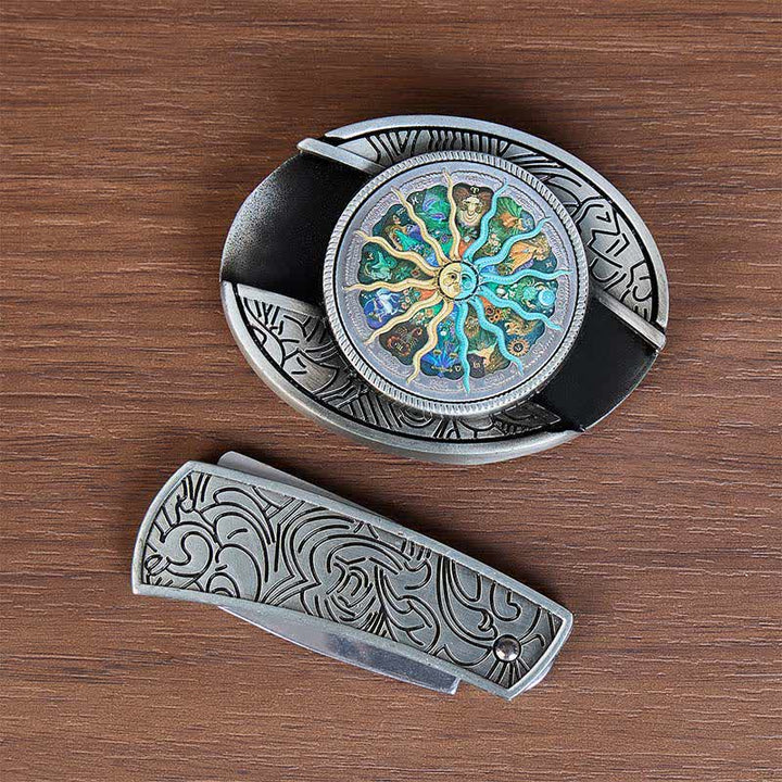 Ceinture en cuir avec boucle de couteau pliant caché, inspirée de l'astrologie argentée et du zodiaque. - image 9