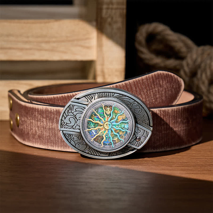 Ceinture en cuir avec boucle de couteau pliant caché, inspirée de l'astrologie argentée et du zodiaque. - Argent - Ceinture marron vieillie - 42 - image 5