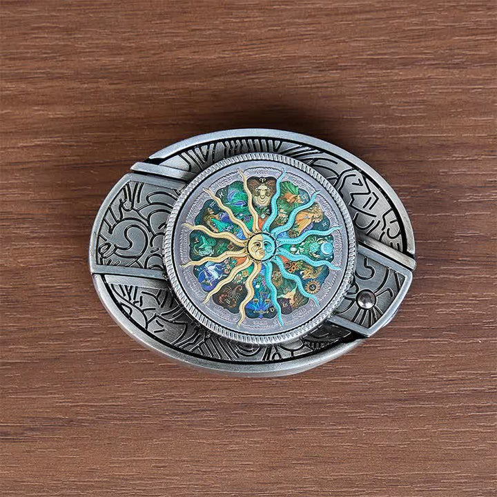Ceinture en cuir avec boucle de couteau pliant caché, inspirée de l'astrologie argentée et du zodiaque. - image 10