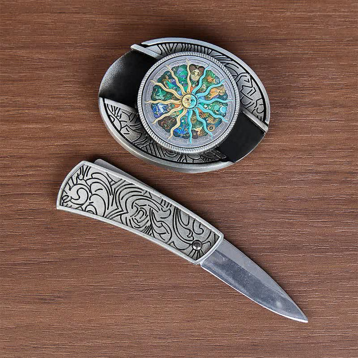 Ceinture en cuir avec boucle de couteau pliant caché, inspirée de l'astrologie argentée et du zodiaque. - image 1