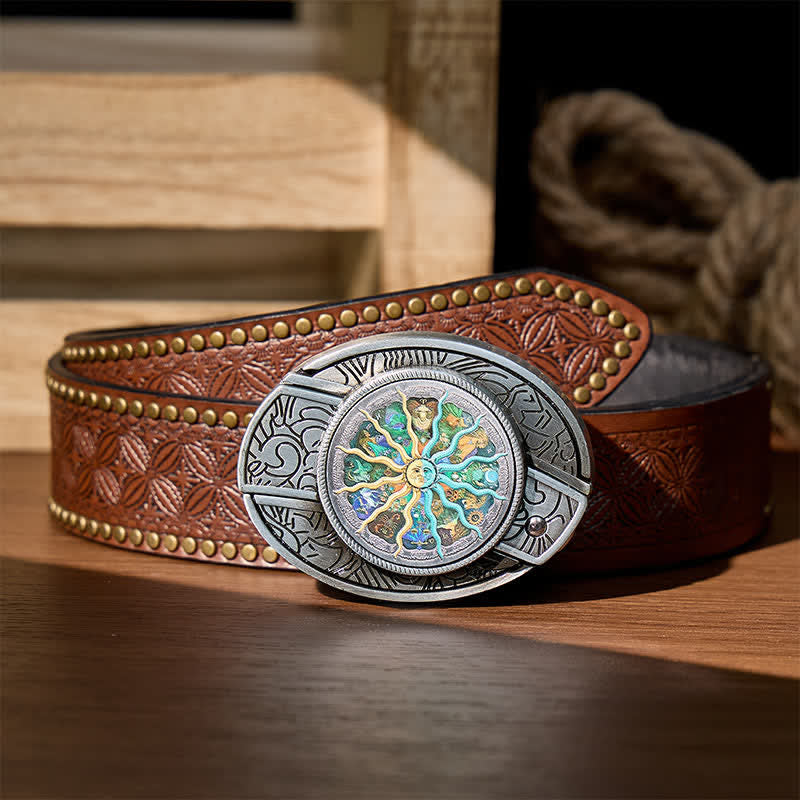 Ceinture en cuir avec boucle de couteau pliant caché, inspirée de l'astrologie argentée et du zodiaque. - Argent - Ceinture à rivets marron - 42 - image 4