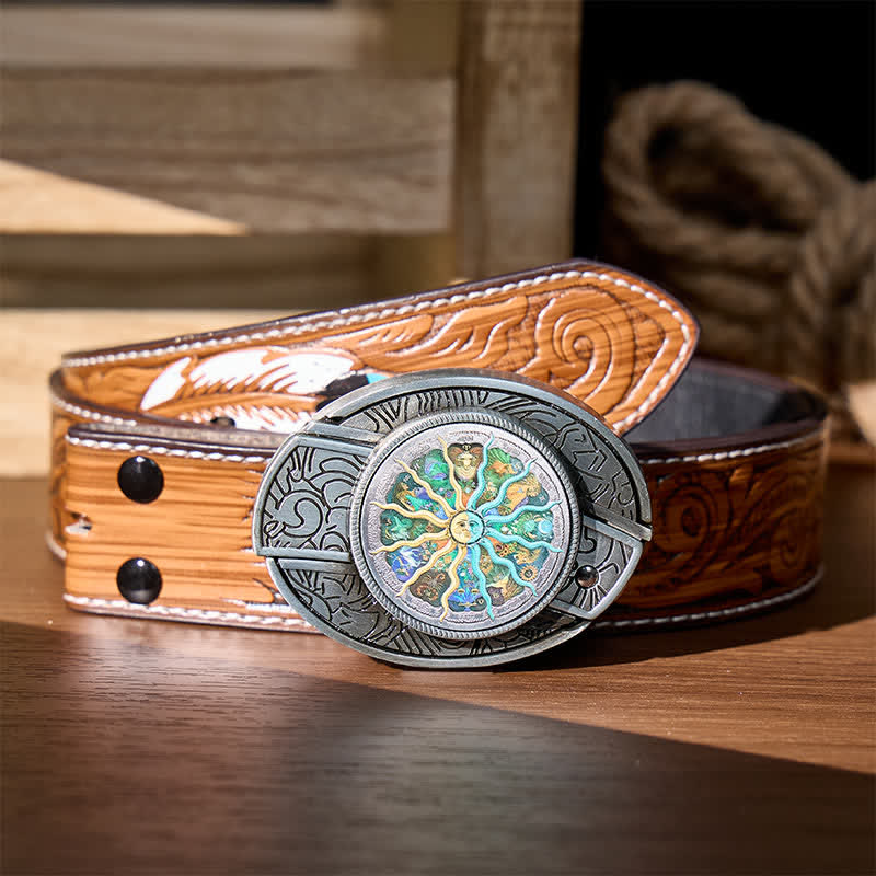 Ceinture en cuir avec boucle de couteau pliant caché, inspirée de l'astrologie argentée et du zodiaque. - Argent - Ceinture de plumes brunes - 40 - image 7