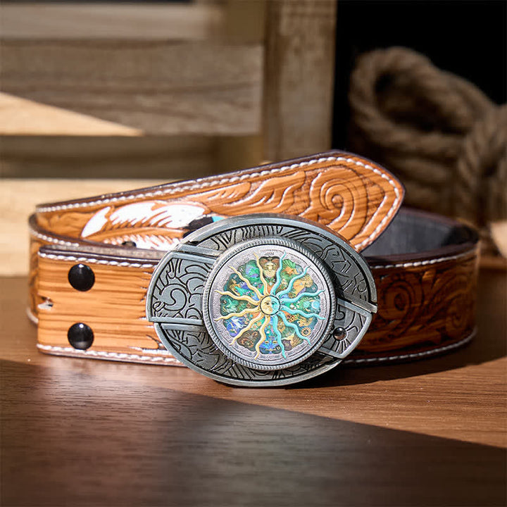 Ceinture en cuir avec boucle de couteau pliant caché, inspirée de l'astrologie argentée et du zodiaque. - Argent - Ceinture de plumes brunes - 40 - image 7