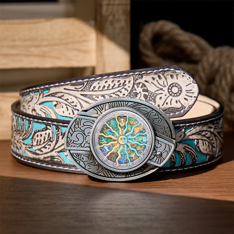 Ceinture en cuir avec boucle de couteau pliant caché, inspirée de l'astrologie argentée et du zodiaque. - Argent - Ceinture à fleurs grises - 42 - image 8