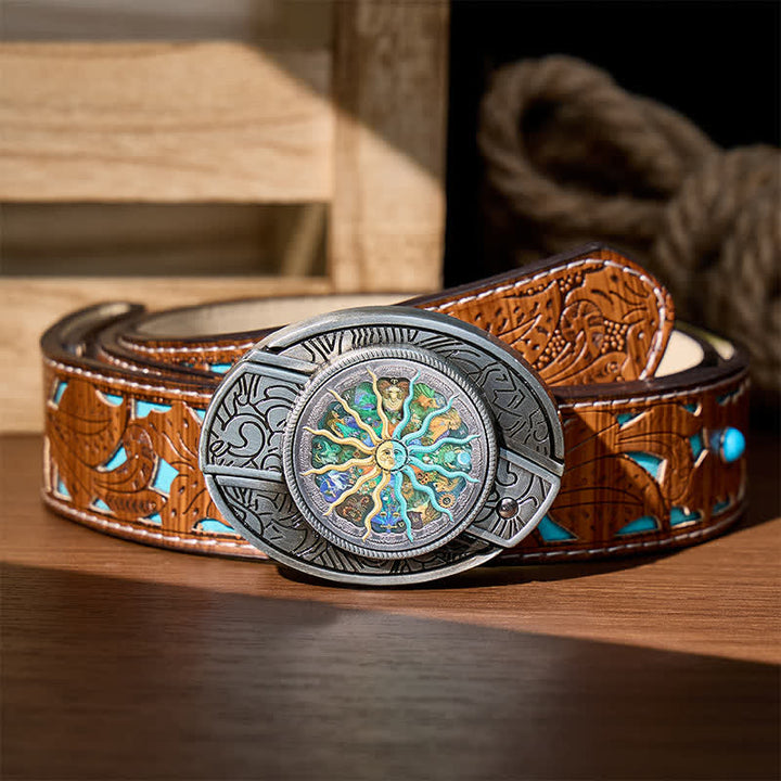 Ceinture en cuir avec boucle de couteau pliant caché, inspirée de l'astrologie argentée et du zodiaque. - Argent - Ceinture turquoise sculptée - 42 - image 3