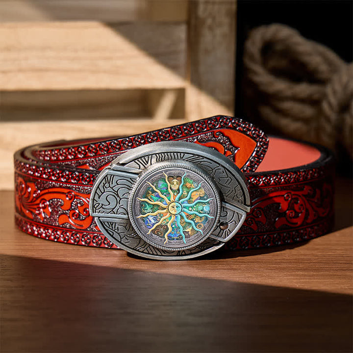 Ceinture en cuir avec boucle de couteau pliant caché, inspirée de l'astrologie argentée et du zodiaque. - Argent - Ceinture sculptée marron - 42 - image 6
