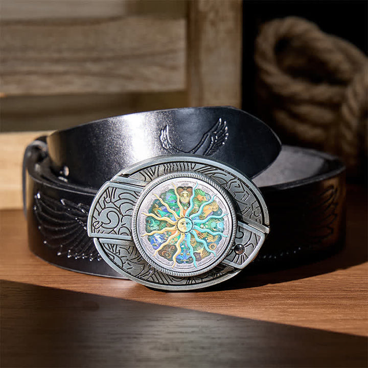 Ceinture en cuir avec boucle de couteau pliant caché, inspirée de l'astrologie argentée et du zodiaque. - Argent - Ceinture noire à motif aigle en relief - 42 - image 2