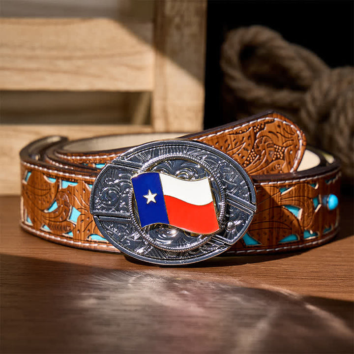 Ceinture en cuir avec boucle de couteau pliant dissimulée et drapeau du Texas à faire soi-même - Drapeau de l'État du Texas - Ceinture turquoise sculptée - 42 - image 3