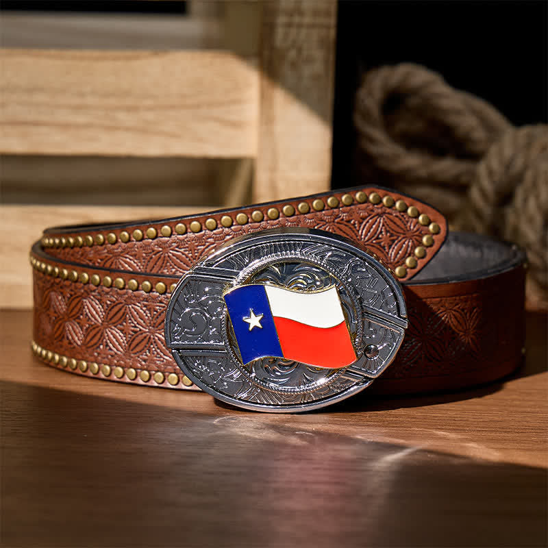 Ceinture en cuir avec boucle de couteau pliant dissimulée et drapeau du Texas à faire soi-même - Drapeau de l'État du Texas - Ceinture à rivets marron - 42 - image 4