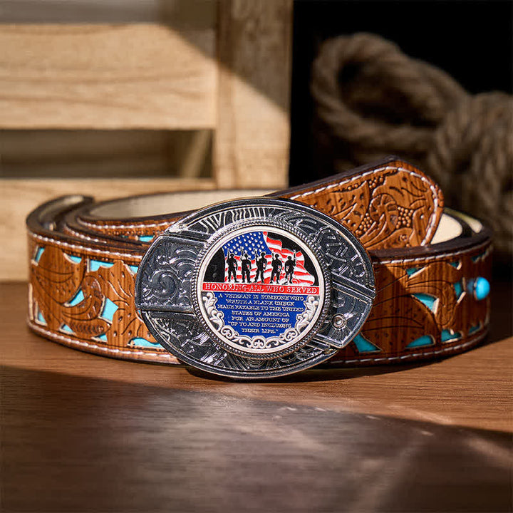 Couteau pliant dissimulé à faire soi-même avec citation patriotique et boucle drapeau - Ceinture en cuir - Citation patriotique - Ceinture turquoise sculptée - 42 - image 3