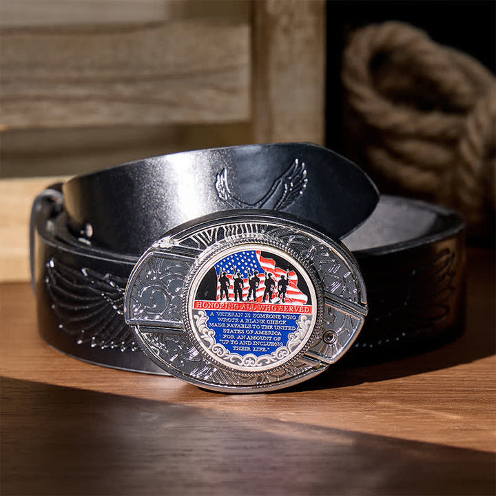 Couteau pliant dissimulé à faire soi-même avec citation patriotique et boucle drapeau - Ceinture en cuir - Citation patriotique - Ceinture noire à motif aigle en relief - 42 - image 2