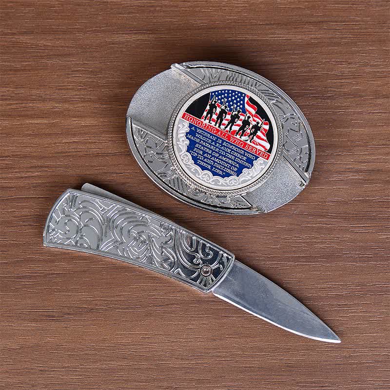 Couteau pliant dissimulé à faire soi-même avec citation patriotique et boucle drapeau - Ceinture en cuir - image 1